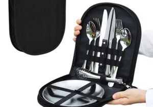 Set para picnic-acero inox- 2 personas con platos en estuche
